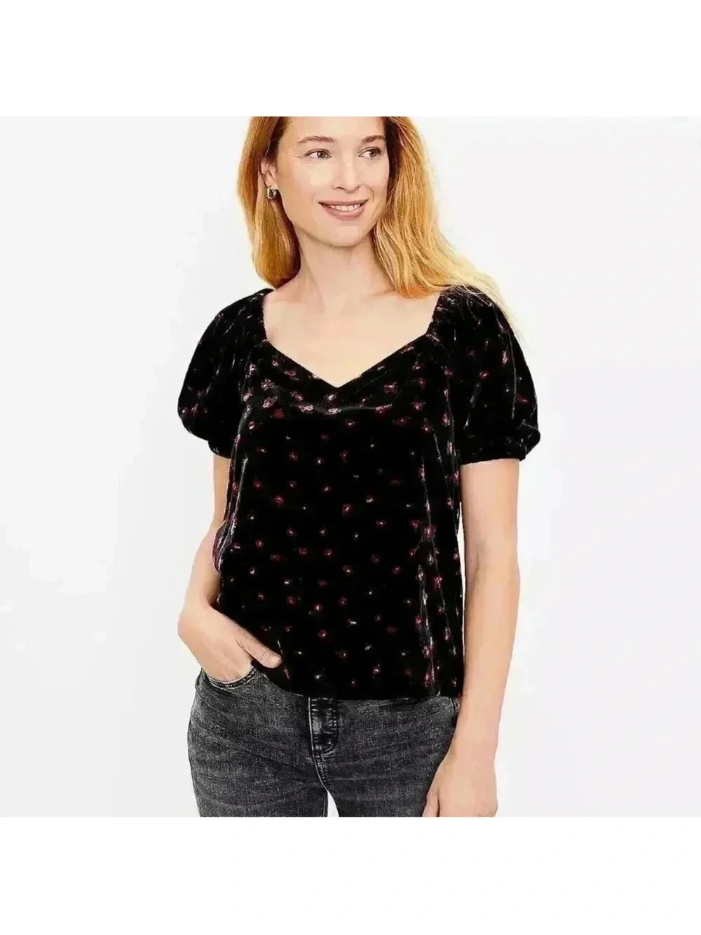 LOFT Black and Red Dainty Floral Velvet Puff Sleeve Blouse - Size L